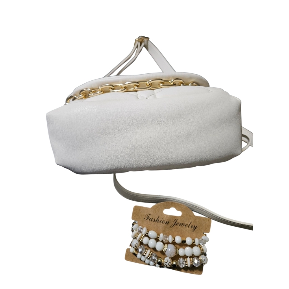 Cream Quilted Crossbody Bag with Gold Chain & Bohemian Bracelet Set - Picture 2 of 4